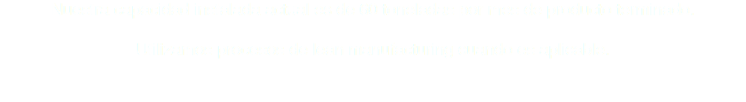 Nuestra capacidad instalada actual es de 60 toneladas por mes de producto terminado. Utilizamos procesos de lean manufacturing cuando es aplicable. 